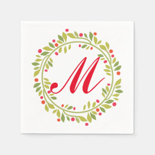 Holiday Green Wreath Red Monogram Paper Napkin