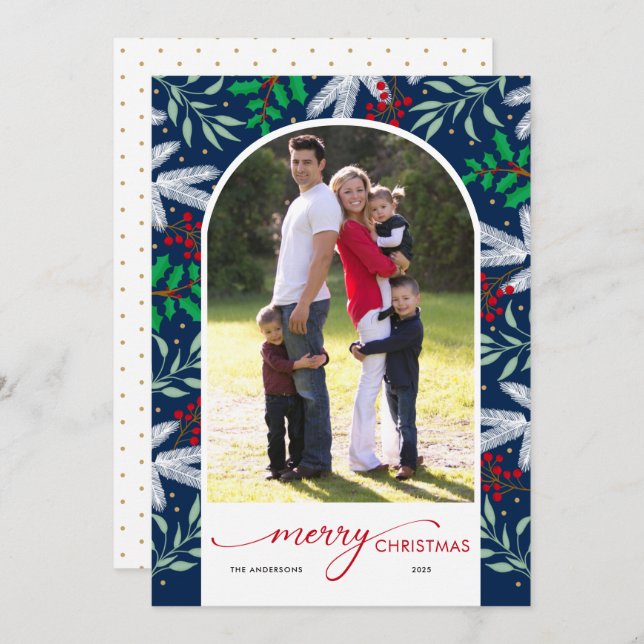 Holiday Greenery Arch Photo Merry Christmas Card (Front/Back)