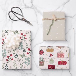 Holiday Greenery Berries Stars Country  Wrapping Paper Sheet