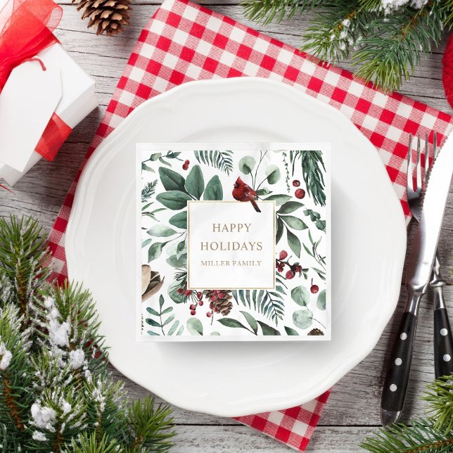 Holiday Greenery Cardinal Christmas Party Monogram Napkin (Creator Uploaded)