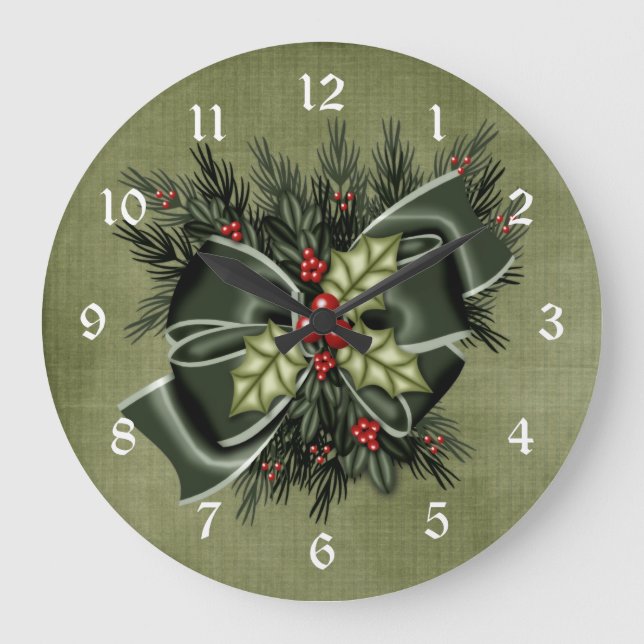 Holiday Greenery & Dark Green Bow Christmas Clock (Front)