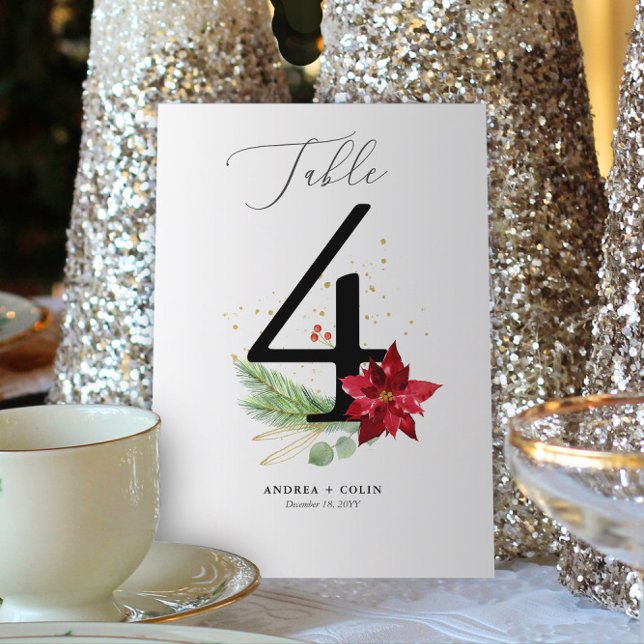 Holiday Greenery + Gold Watercolor Table Number 4 (Botanical Christmas Wedding / Event Table Number | No. 4 (For all numbers, see Collection below))