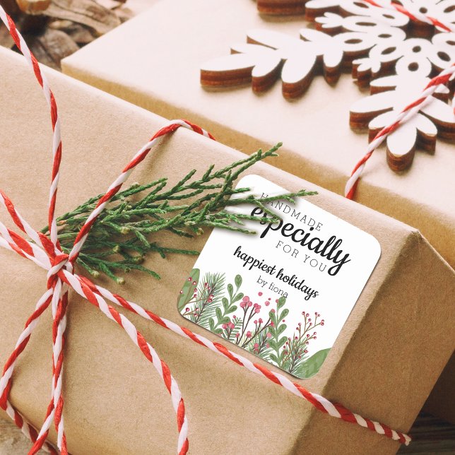 Holiday Greenery Handmade Especially For You Square Sticker (Holiday Greenery Handmade Especially For You Square Sticker)
