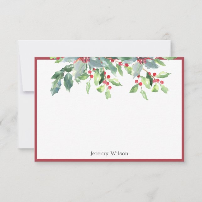Holiday Greenery Holly Plant Red Personalised Note Card (Front)