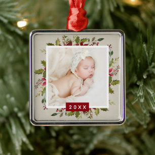 Holiday Greenery Keepsake Photo Christmas Metal Ornament