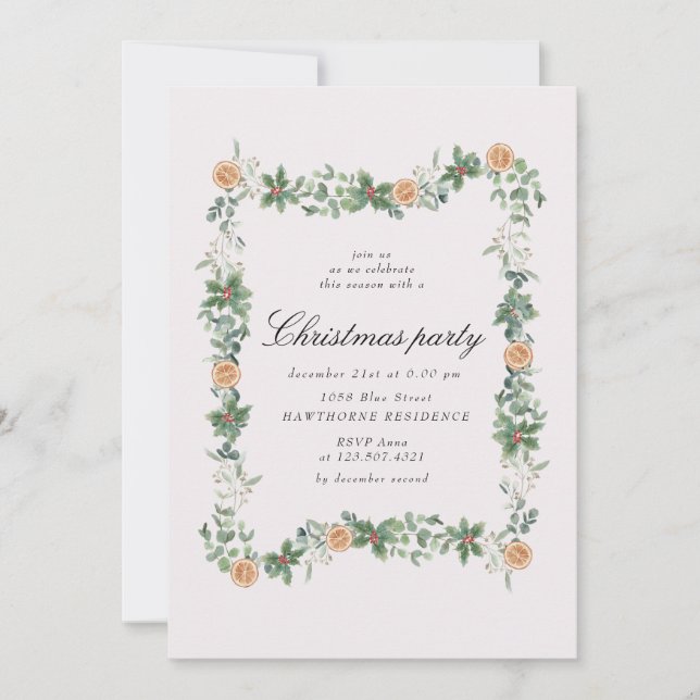 Holiday Greenery Oranges Christmas Party Invitation (Front)