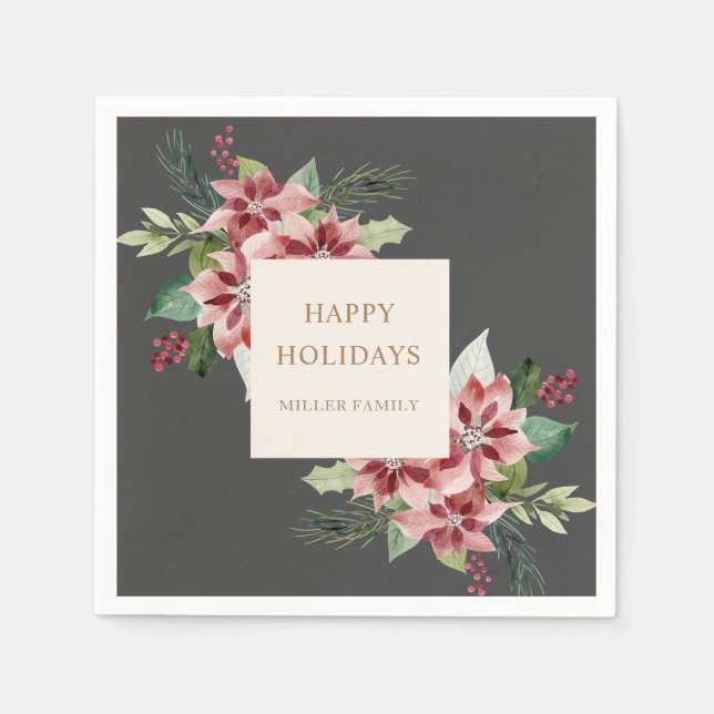 holiday greenery poinsettia christmas party napkin (Front)
