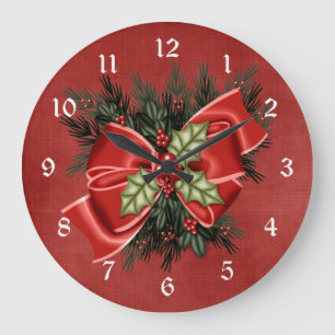 Holiday Greenery & Red Bow Christmas Clock
