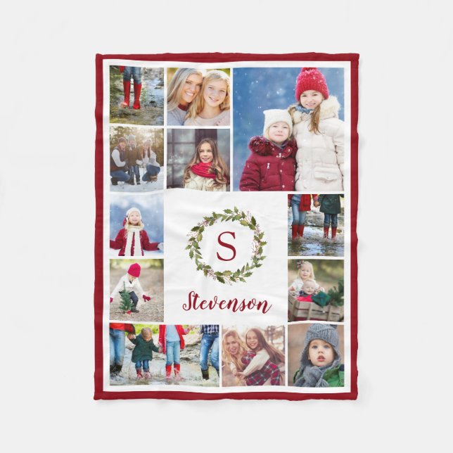 Holiday Greenery Wreath Family Monogram 12 Photo Fleece Blanket (Front)