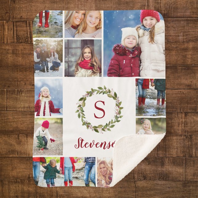 Holiday Greenery Wreath Family Monogram 12 Photo Sherpa Blanket (Creator Uploaded)