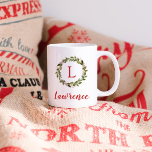 Holiday Greenery Wreath Family Monogram Two-Tone Coffee Mug