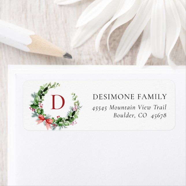 Holiday Greens Wreath Monogram Return Address Label (Insitu)