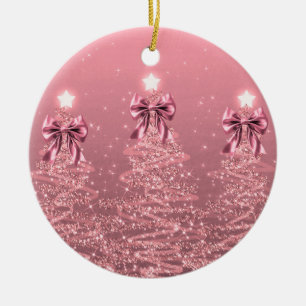 Holiday Greeting Blush Pink Christmas Trees Bows Ceramic Ornament