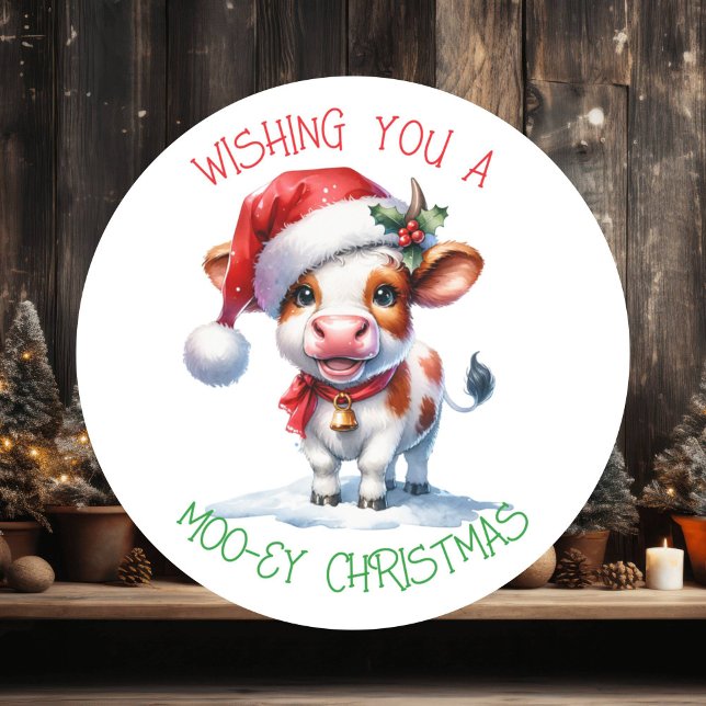 Holiday Greeting Christmas Cow Classic Round Sticker (Creator Uploaded)