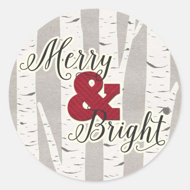 Holiday Greeting Merry & Bright Birch Classic Round Sticker (Front)
