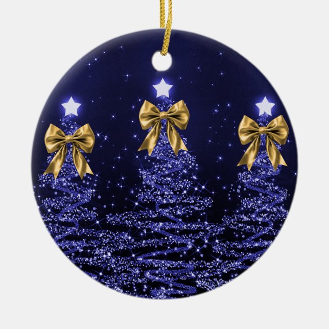 Holiday Greeting Navy Blue Christmas Trees Gold  Ceramic Ornament (Front)