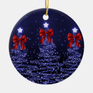 Holiday Greeting Navy Blue Christmas Trees Red Ceramic Ornament