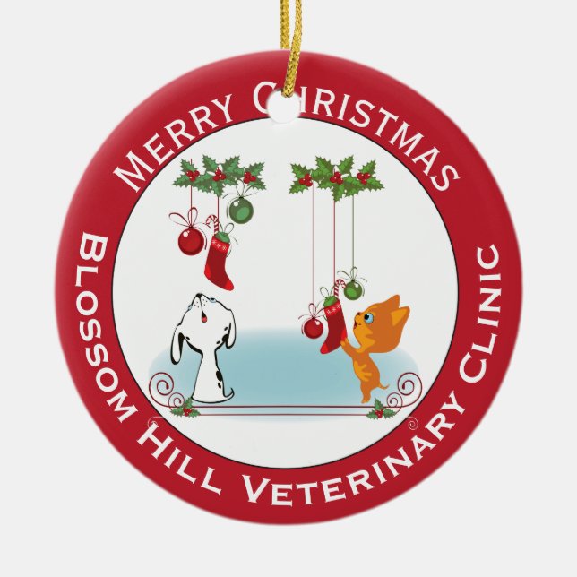 Holiday Greeting Pets From Your Veterinary Clinic Ceramic Ornament (Front)