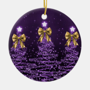 Holiday Greeting Purple Christmas Trees Gold Bows Ceramic Ornament