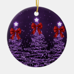 Holiday Greeting Purple Christmas Trees Red Bows Ceramic Ornament