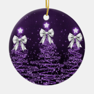 Holiday Greeting Purple Christmas Trees Silver Ceramic Ornament