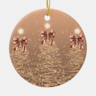 Holiday Greeting Rose Gold Christmas Trees Bows Ceramic Ornament