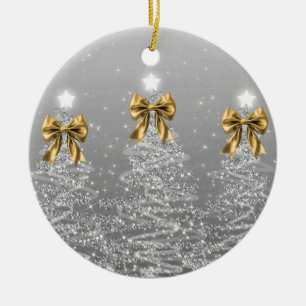 Holiday Greeting Silver Christmas Trees Gold Bows Ceramic Ornament