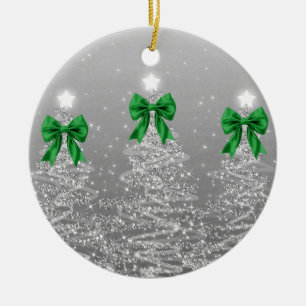 Holiday Greeting Silver Christmas Trees Green Bows Ceramic Ornament