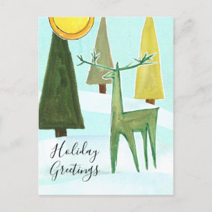 Holiday Greetings Deer Forest Mid Century Modern  Postcard