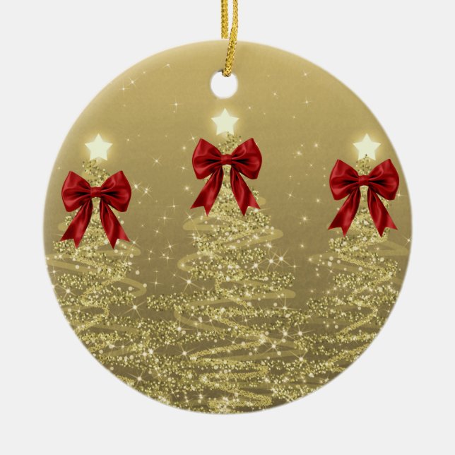 Holiday Greetings Gold Christmas Trees w/ Red Bows Ceramic Ornament (Front)