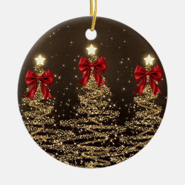 Holiday Greetings Gold Christmas Trees w/ Red Bows Ceramic Ornament (Front)