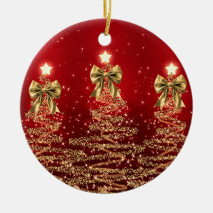 Holiday Greetings Gold Red Christmas Trees w/ Bows Ceramic Ornament