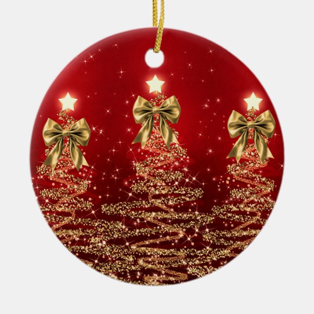 Holiday Greetings Gold Red Christmas Trees w/ Bows Ceramic Ornament (Front)