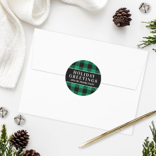 Holiday Greetings Green and Black Buffalo Plaid Classic Round Sticker