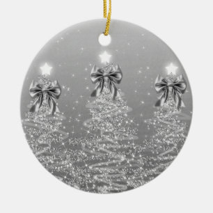 Holiday Greetings Silver Christmas Trees w/ Bows Ceramic Ornament