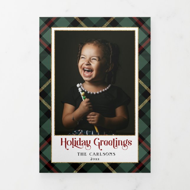 Holiday Greetings Typography on Plaid Multiphoto Tri-Fold Holiday Card (Cover)