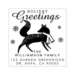 Holiday Greetings Woodland Christmas Fox Address Rubber Stamp