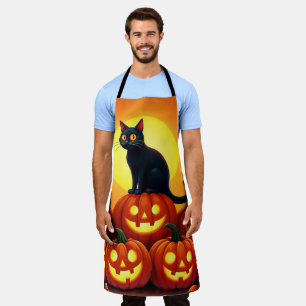 Holiday Halloween art with cat and full moon Apron