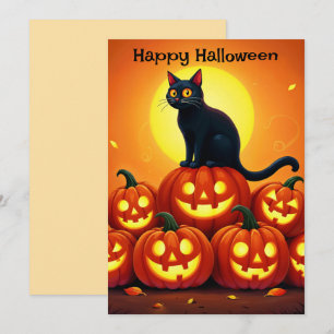 Holiday Halloween art with cat and full moon Invitation
