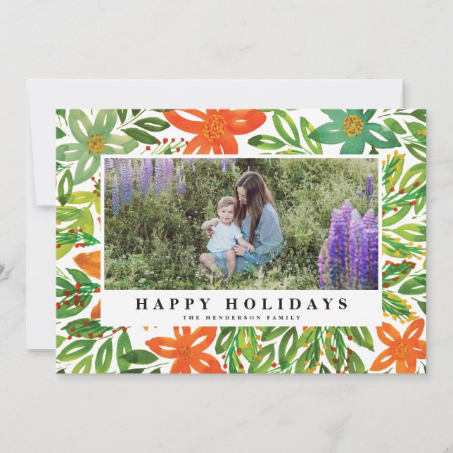 Holiday & Hand Painted Flowers Photo Card (Front)