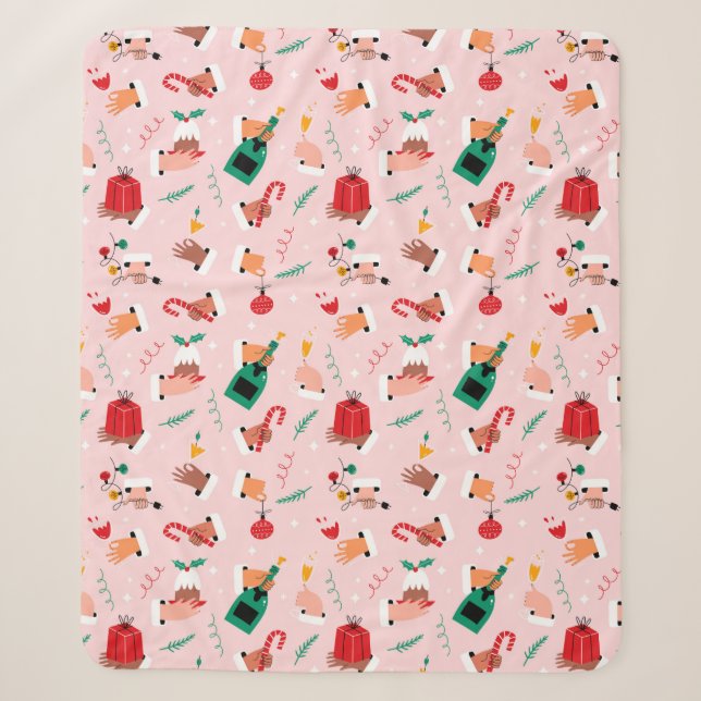 Holiday Hands Festive Celebration Pattern Sherpa Blanket (Front)