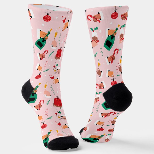 Holiday Hands Festive Celebration Pattern Socks (Angled)