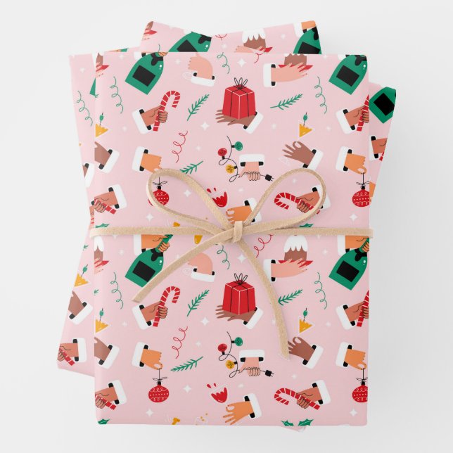 Holiday Hands Festive Celebration Pattern Wrapping Paper Sheet (In situ)