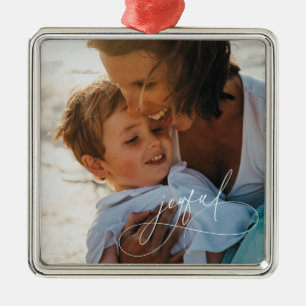Holiday Handwritting Joyful Minimalist Photo Metal Ornament