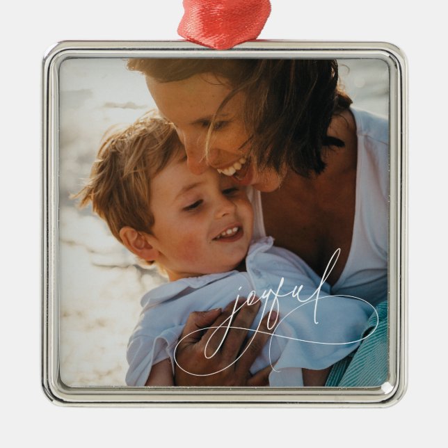 Holiday Handwritting Joyful Minimalist Photo Metal Ornament (Front)