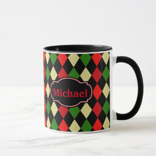 Holiday Harlequin Geometric Pattern with Name Mug