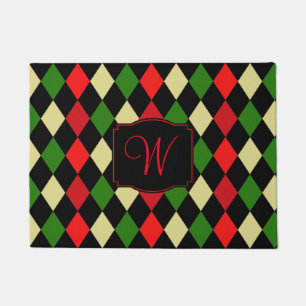 Holiday Harlequin Pattern Monogrammed Doormat