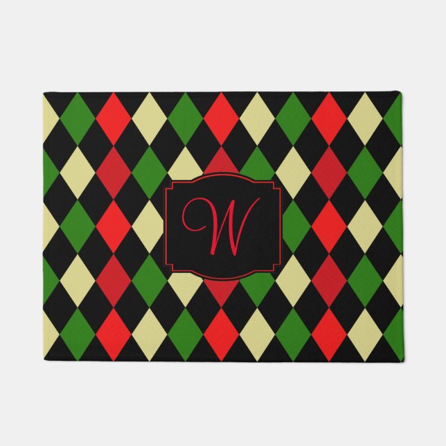 Holiday Harlequin Pattern Monogrammed Doormat (Front)