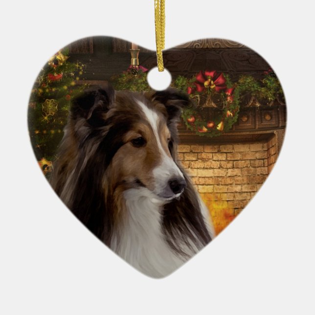 Holiday Heart Sheltie Ceramic Tree Decoration (Front)