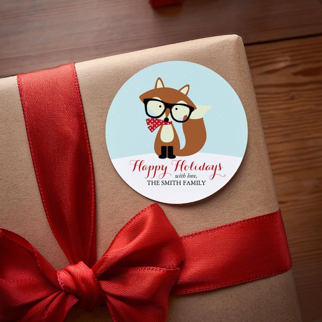 Holiday Hipster Brown Fox Classic Round Sticker (Creator Uploaded)